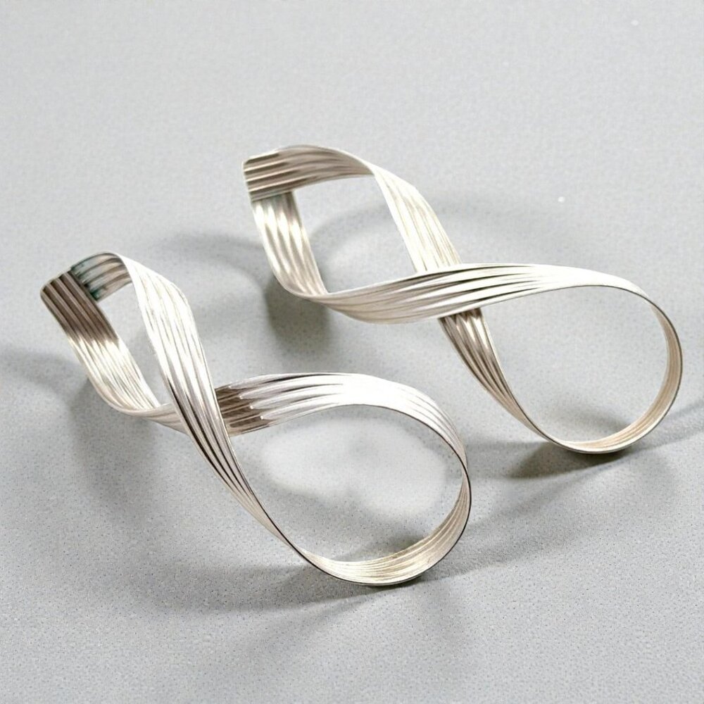 Vintage 925 Sterling Silver Ribbed Double Swirl Long Earrings Signed RL Italy